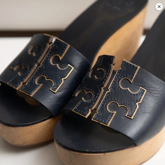 Tory Burch Wedge Leather Wood Platform Sandals LOGO Size 9 Slip On Heels - Picture 2 of 7